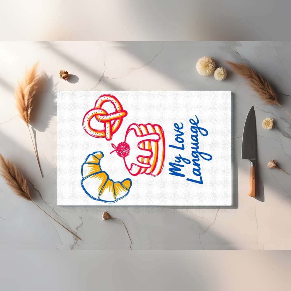 Whimsical Kitchen Canvas Art with Red and Blue Design 8 X 11 Glass Cutting Board